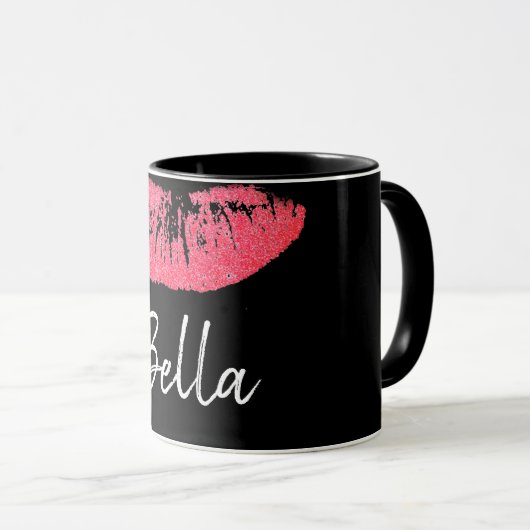 Lipstick print roze lip vlek zwart en wit mok (Voorkant rechts)