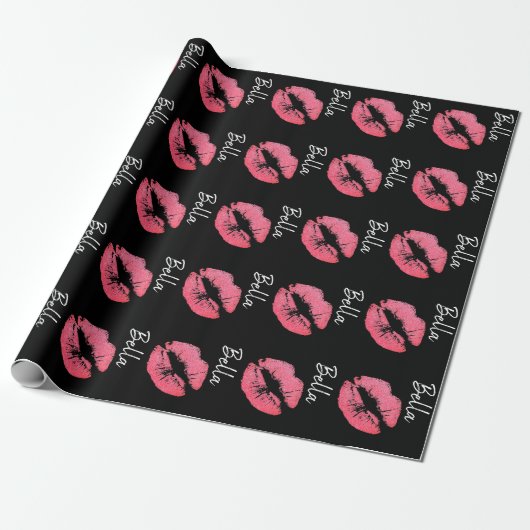 Lipstick print roze lip vlek zwart wit schattig cadeaupapier (Uitgerold)