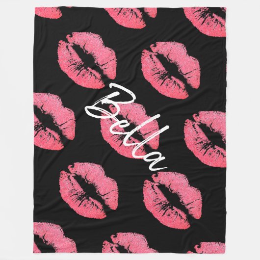 Lipstick print roze lip vlek zwart wit schattig fleece deken (Voorkant)