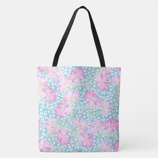 Lipstick Roze Rozen, witte vlinders op Sky Blue Tote Bag (Voorkant)