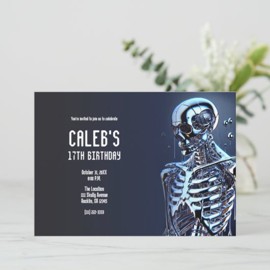 Liquid Chrome Zilver Skelet Robot Verjaardagsfeest Kaart (Staand voorkant)