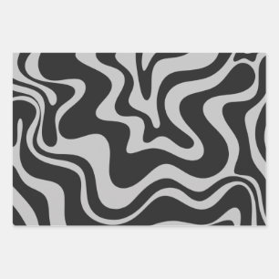 Liquid Swirl Retro Abstract Patroon Black en Grey Inpakpapier Vel
