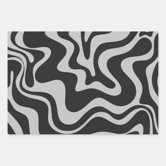 Liquid Swirl Retro Abstract Patroon Black en Grey Inpakpapier Vel (Voorkant)