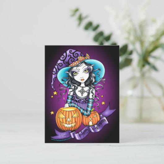 "Lisa" Halloween Pumpkin Witch Briefkaart (Staand voorkant)