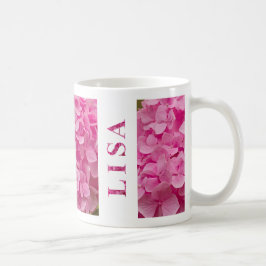 "Lisa" Naam Lente Roze Hydrangea Bloemen Lettering Koffiemok
