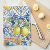 Lisbon Elegant Mediterranean Lemon Tile Pattern Theedoek (Quarter Fold)