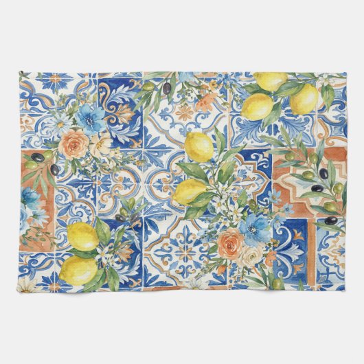 Lisbon Elegant Mediterranean Lemon Tile Pattern Theedoek (Horizontaal)