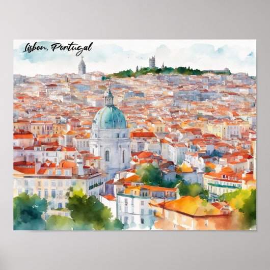 Lisbon Portgual Watercolor Panorama View City Poster (Voorkant)