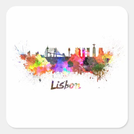 Lisbon skyline in watercolor vierkante sticker (Voorkant)