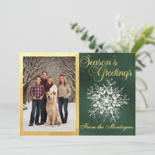 Lisfoto met gouden lijst & Kristallen sneeuwvlok Feestdagenkaart (Staand voorkant)