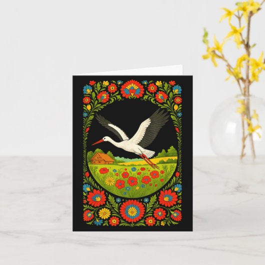 Lish Stork Folk Art Lska Countryside Design  Kaart (Gele Bloem)