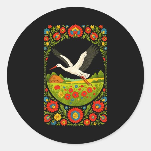 Lish Stork Folk Art Lska Countryside Design Ronde Sticker (Voorkant)