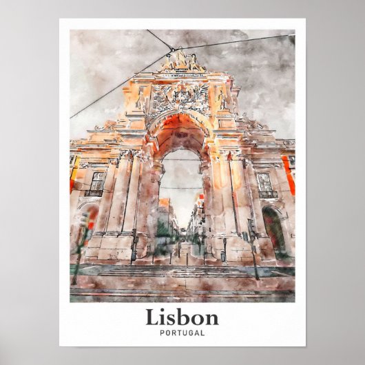 Lissabon Architectuur Reizen Waterverf Hand geteke Poster (Voorkant)