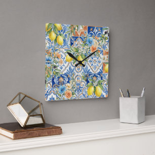 Lissabon Blauwe Citroen Tegels Citrus Keuken Decor Vierkante Klok