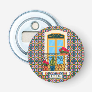 Lissabon huisraam met planten en tegels button flesopener