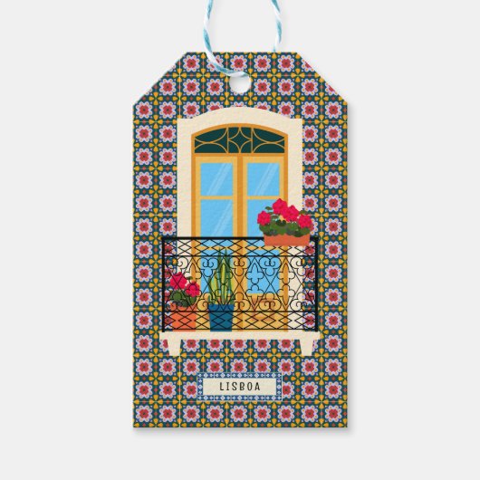 Lissabon huisraam met planten en tegels cadeaulabel (Voorkant)