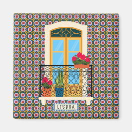 Lissabon huisraam met planten en tegels magneet