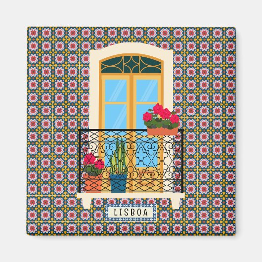 Lissabon huisraam met planten en tegels magneet (Voorkant)