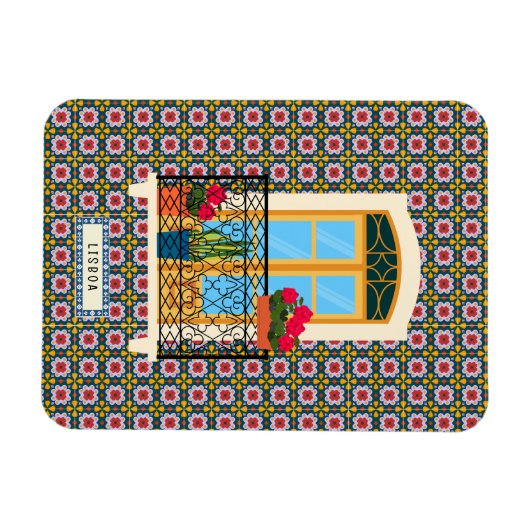 Lissabon huisraam met planten en tegels magneet (Horizontaal)