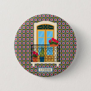 Lissabon huisraam met planten en tegels ronde button 5,7 cm