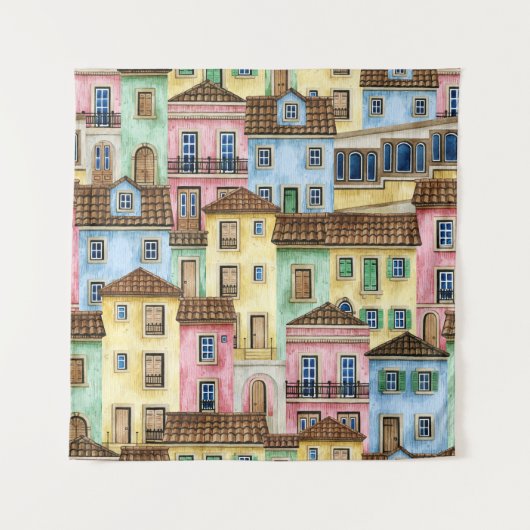 Lissabon Huizen: Waterverf kabelbaan. Wandkleed (Voorkant)