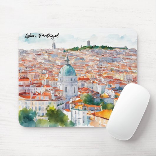 Lissabon Portgual Waterverf Panorama Uitzicht City Muismat (Met muis)