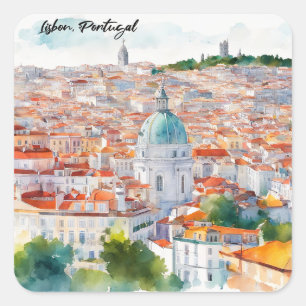 Lissabon Portugal Aquarel Panorama Uitzicht Stad Vierkante Sticker
