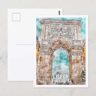 Lissabon Portugal Beroemde Reisplaats Waterverf Briefkaart