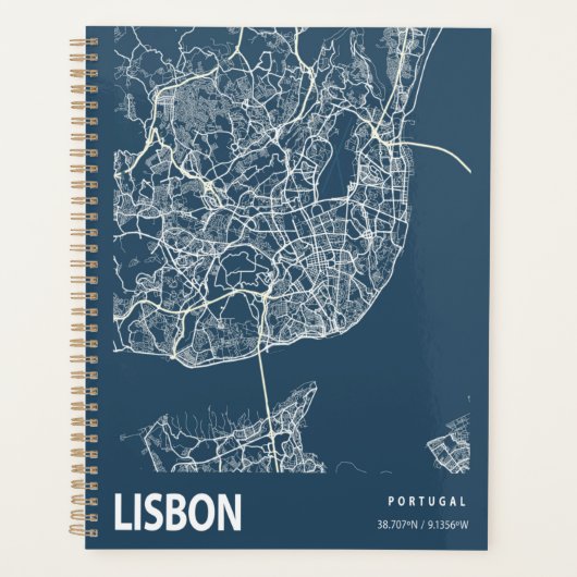 Lissabon Portugal City Map Line Art Blue Planner (Voorkant)