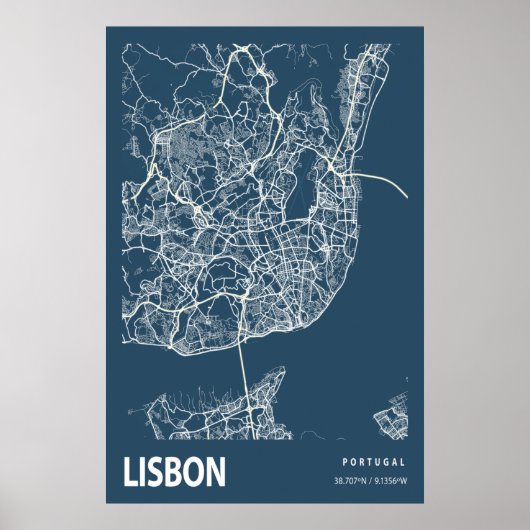 Lissabon Portugal City Map Line Art Blue Print (Voorkant)