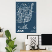 Lissabon Portugal City Map Line Art Blue Print (Thuiskantoor)