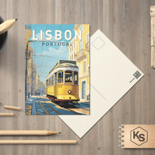 Lissabon Portugal Gele Tram Reizen Kunst Vintage Briefkaart
