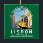 Lissabon Portugal Gele Tram Reizen Kunst Vintage Keramisch Ornament<br><div class="desc">Lissabon retro vector reisontwerp in een embleemstijl. Een bloeiende havenstad gelegen aan de monding van de Taag,  bekend om zijn oude pastelkleurige gebouwen.</div>