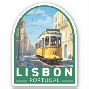 Lissabon Portugal Gele Tram Reizen Kunst Vintage Sticker