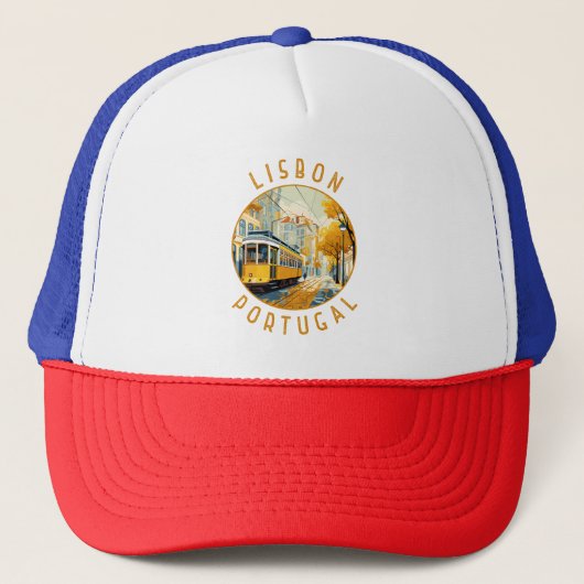 Lissabon Portugal gele tram retro noodlijdend Trucker Pet (Voorkant)