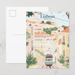 Lissabon Portugal Gouache Verf Illustratie Reizen Briefkaart