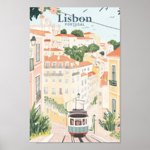 Lissabon Portugal Gouache Verf Illustratie Reizen Poster