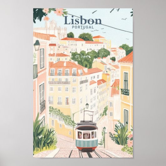 Lissabon Portugal Gouache Verf Illustratie Reizen Poster (Voorkant)
