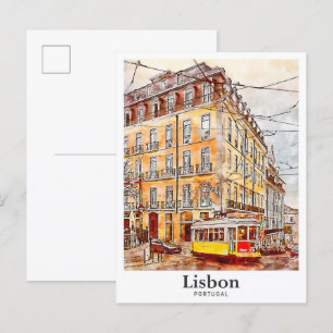 Lissabon Portugal Travel Waterverf Hand getekend Briefkaart