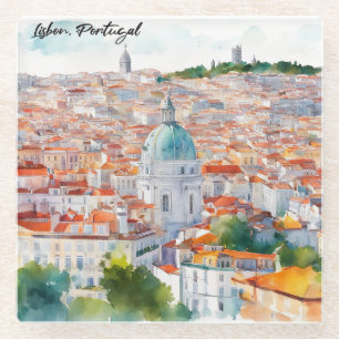 Lissabon Portugal Watercolor Panorama Uitzicht Sta Glazen Onderzetter