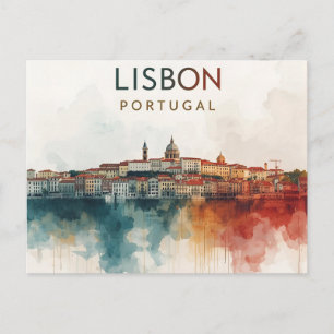Lissabon Portugal watercolor skyline -Reis Kunst Briefkaart