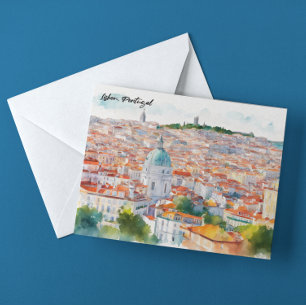 Lissabon Portugal Waterverf Panorama Uitzicht Briefkaart