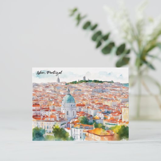 Lissabon Portugal Waterverf Panorama Uitzicht Briefkaart (Staand voorkant)