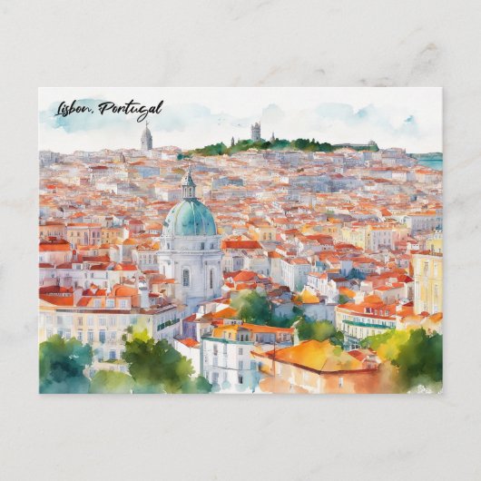 Lissabon Portugal Waterverf Panorama Uitzicht Briefkaart (Voorkant)