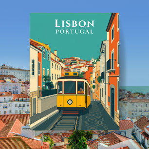 Lissabon Portugal Yellow Tram Vintage Travel Briefkaart