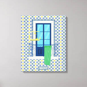 Lissabon Portugees huis met tegels en vogel Canvas Afdruk