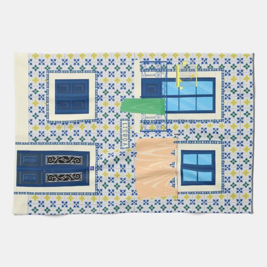 Lissabon Portugees huis met tegels en vogel Theedoek (Horizontaal)