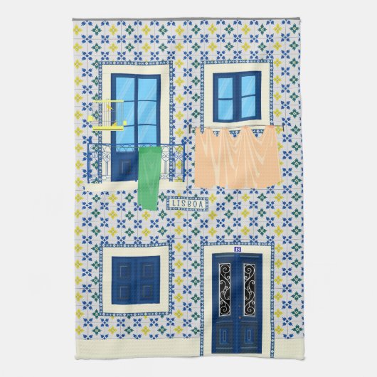 Lissabon Portugees huis met tegels en vogel Theedoek (Verticaal)