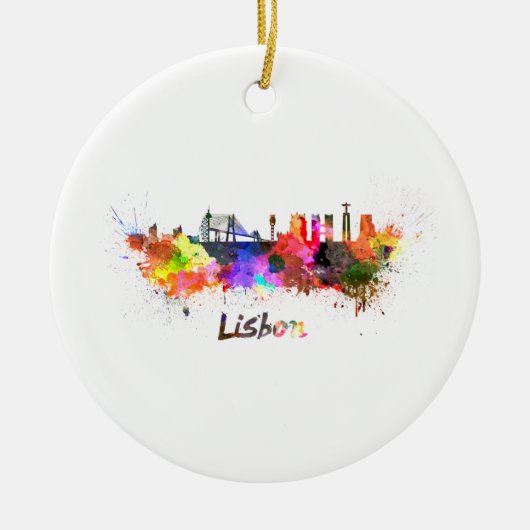 Lissabon-skyline in waterverf keramisch ornament (Voorkant)