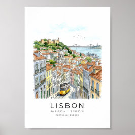 Lissabon stadsgezicht in aquarel stijl poster
